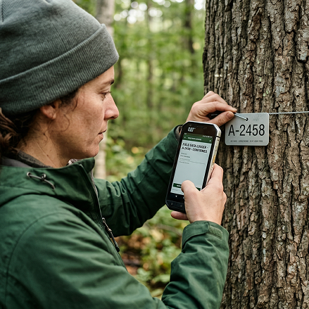 Person scanning a QR tag attached to a tree