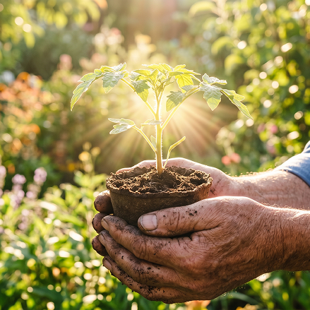Hands holding a small plant in sunlight
